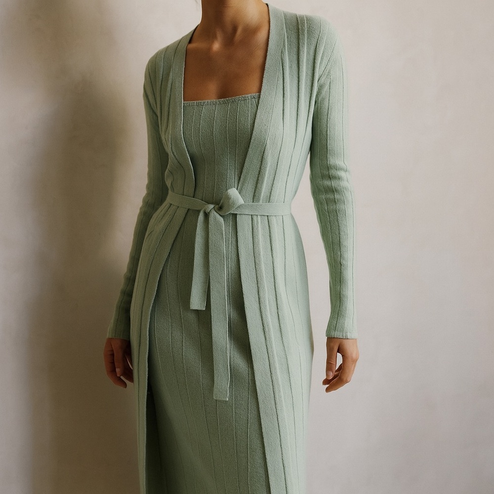 House of Harlow Mint Green Long Sleeve Knit Ribbed Dress With Cardigan Size M
